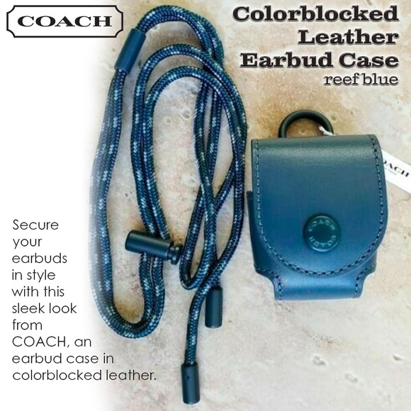 Coach Reef Blue Leather Earbud Case with Lanyard strap - Picture 1 of 9